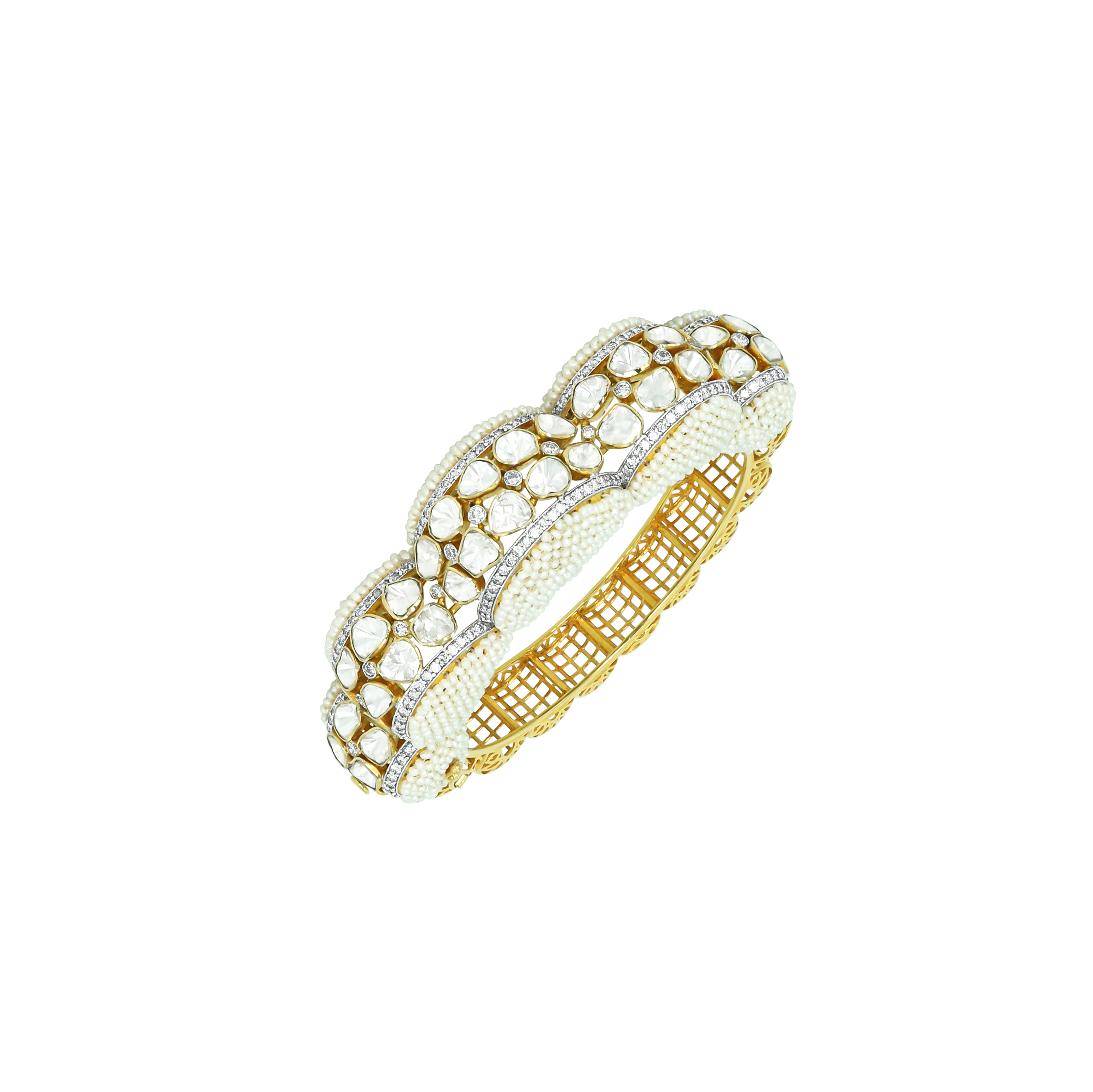 Open-Set Polki Bangle with Full-Cut Diamonds and Pearls